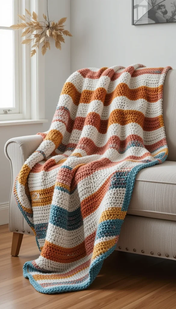 This striped blanket is designed around a specific season. Fall versions might use burnt orange, mustard, and deep red, while winter versions lean into cool blues and whites. It’s a fun way to refresh your space without redecorating completely. Many households rotate these blankets throughout the year. They become part of seasonal rituals, not just decor.