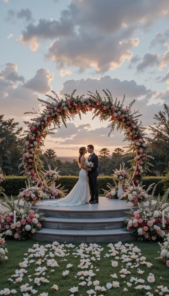 A circular stage or backdrop represents unity and eternity. This shape feels softer and more intimate than traditional rectangular designs. Flowers arranged around the circle draw the eye inward toward the couple. Circular stages photograph beautifully from multiple angles. The design feels intentional and emotionally meaningful.