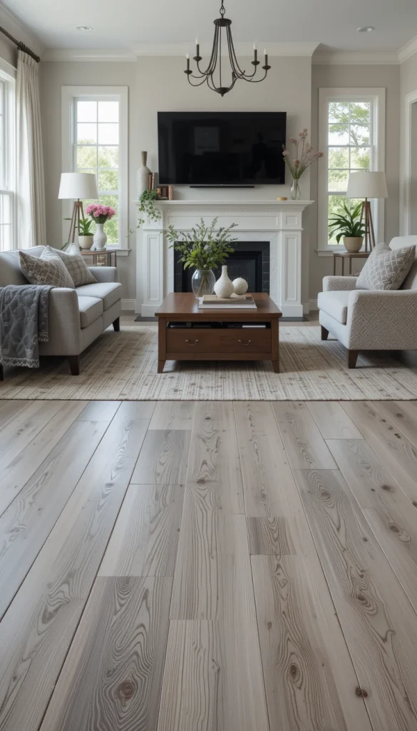 Gray-washed hardwood tones down warm wood without fully covering it. This look feels modern but still cozy. It’s popular in open-plan homes where floors connect multiple spaces. DIYers appreciate how forgiving the finish is during application. It bridges traditional and contemporary design effortlessly.