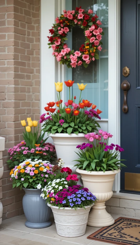 Instead of one pot, group three planters in varying heights near the door. Mixing tulips, pansies, or petunias creates depth and visual interest. This layered approach feels intentional and well-designed, not random. Stick to a tight color palette for a cleaner look. Real-life porches always look better when plants are styled in groups rather than singles.