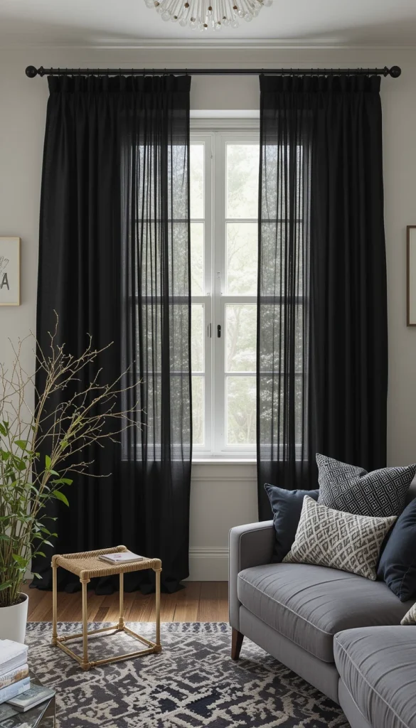 Black curtains frame windows beautifully when layered with sheers. The sheers keep light flowing while the black adds drama. This combination feels elegant but relaxed, not heavy. It’s a smart choice for renters or anyone avoiding paint. Curtains can change a room fast.