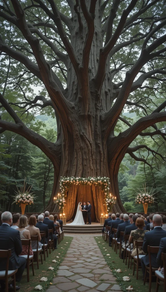 Using a large tree as the ceremony backdrop feels symbolic and powerful. Minimal décor allows the tree’s presence to shine. This works especially well for woodland or garden weddings. String lights or light florals enhance without overpowering. The result feels grounded, meaningful, and deeply romantic.