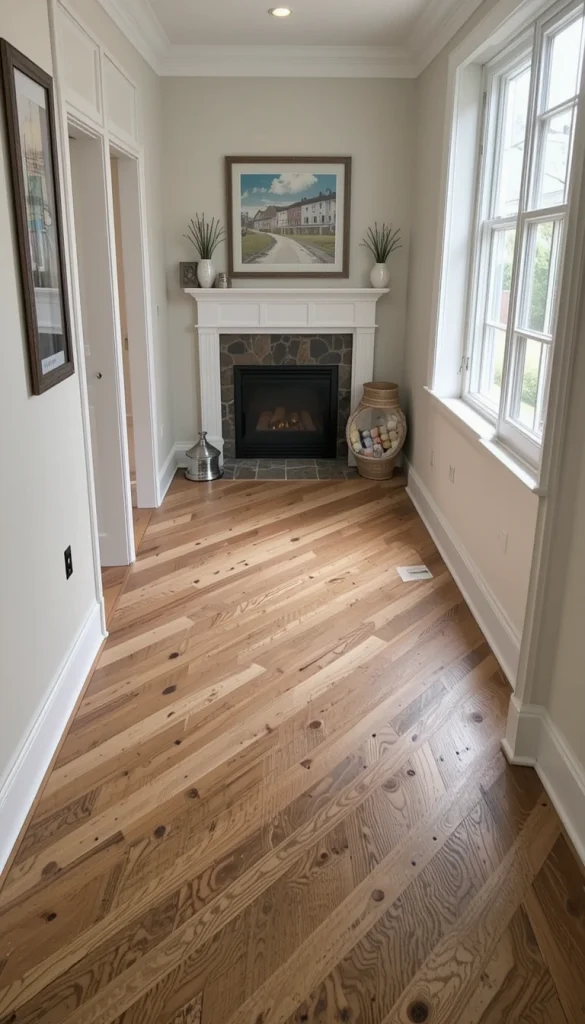 Installing planks diagonally changes how a room feels instantly. It makes narrow spaces appear wider and more dynamic. While installation takes more planning, the visual payoff is worth it. This layout works well in small living rooms or hallways. It subtly breaks the “builder-grade” look.