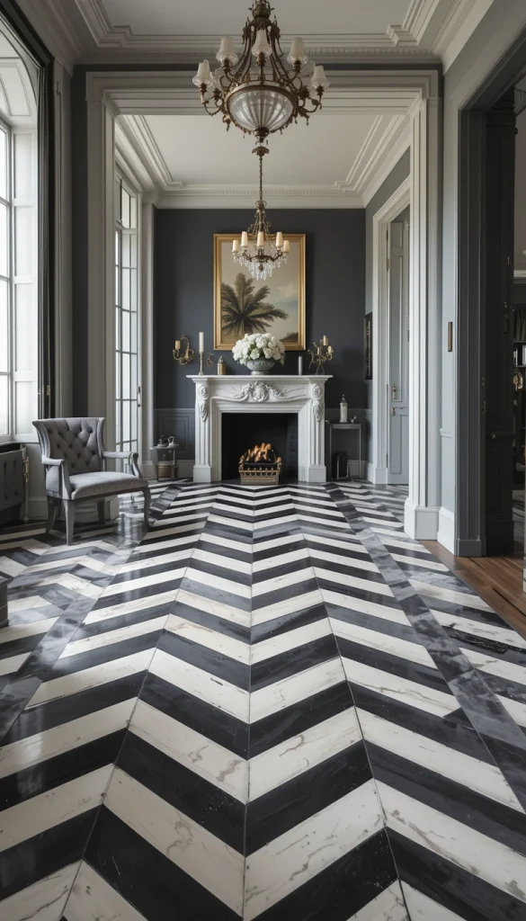 Chevron flooring makes a bold statement without flashy colors. The angled pattern adds movement and sophistication to hallways and living areas. DIY installation takes careful measuring, but the payoff is dramatic. This design works well in modern or Parisian-inspired interiors. It’s ideal when you want the floor to be the focal point.