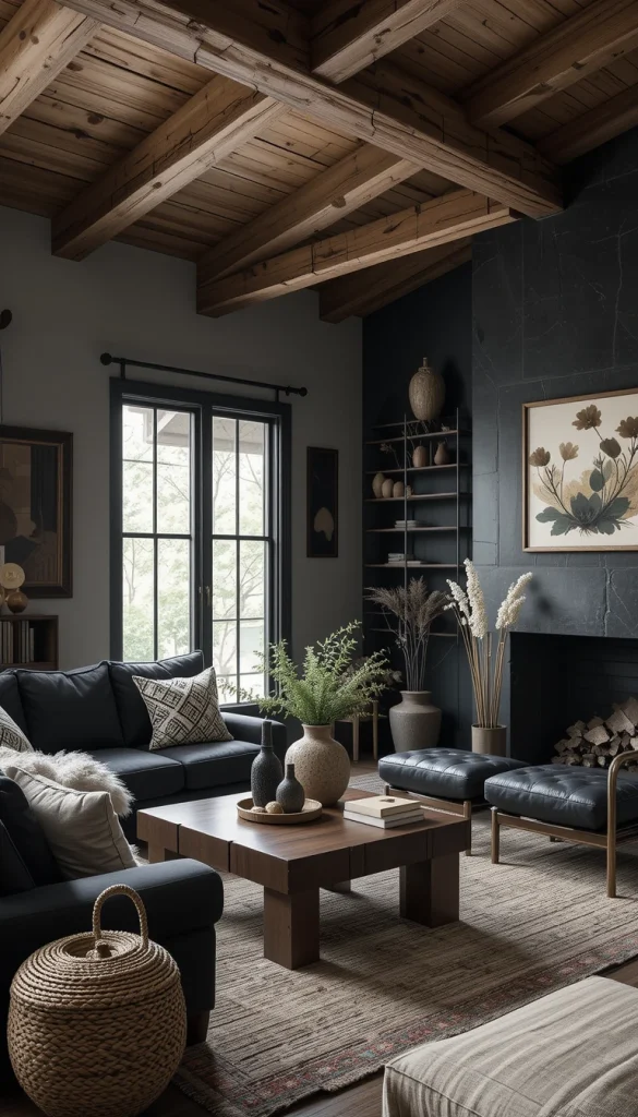 Black and wood is a timeless combination that works beautifully in boho interiors. Use wood coffee tables, shelves, or ceiling beams to warm up black elements. The natural grain prevents the room from feeling cold. This balance mirrors nature—dark soil paired with organic textures. The result feels calm and rooted.