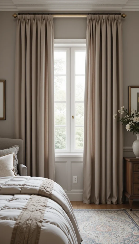 Taupe curtains are perfect for anyone who wants color but prefers subtlety. This shade sits between beige and gray, offering warmth while still reading as refined. In bedrooms with layered neutrals, taupe curtains add visual interest without disrupting the calm palette. They also photograph beautifully, which is a bonus if you love a polished look. This choice proves that colorful doesn’t always mean bold—it can be quiet and still impactful.