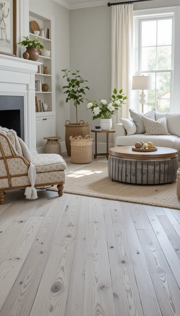 Whitewashing hardwood floors lets the wood grain breathe while lightening the overall tone. This technique works beautifully in homes that lean coastal, farmhouse, or Scandinavian. By thinning paint or limewash, you keep texture without overpowering the natural wood. It’s a great compromise for people who want brightness without losing character. Sunlight reflects better, making rooms feel calmer and more open.