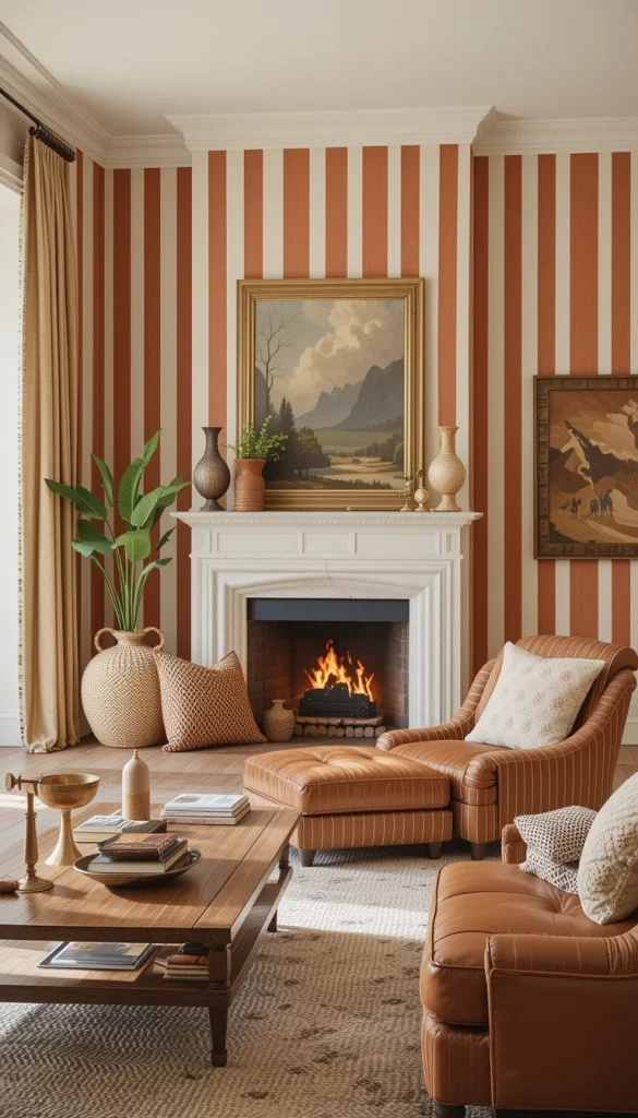 Terracotta stripes bring warmth and personality to neutral living rooms. Cream balances the color so it stays refined. Vertical stripes keep the look architectural rather than bohemian. This works beautifully with leather, wood, and natural textiles. It feels grounded and welcoming.