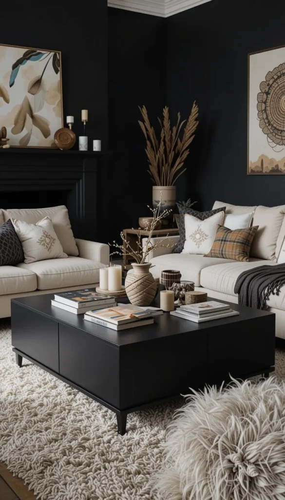 A black coffee table anchors the seating area visually. Style it with books, candles, and natural objects to add softness. The dark surface hides wear better than lighter finishes. It’s a practical choice for everyday living. Style and function align here.