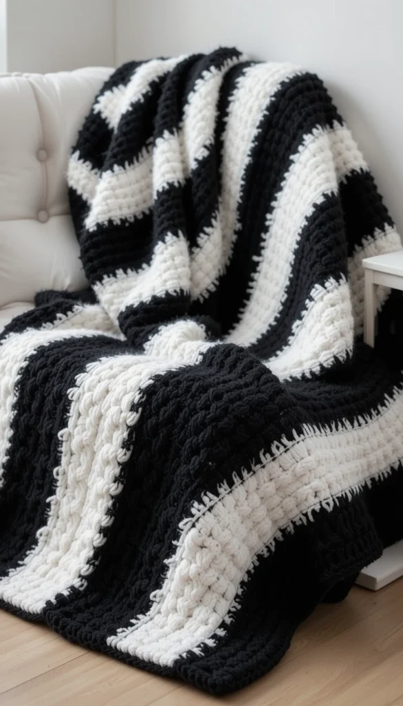 Black and white stripes create instant contrast and visual structure. This style feels graphic and modern, especially when paired with simple furniture or minimalist interiors. The strong color difference makes stitch definition stand out, which is perfect if you’re proud of your technique. It’s a popular choice for modern apartments where decor leans clean and uncluttered. Despite the bold look, it still reads cozy thanks to the texture of crotchet.