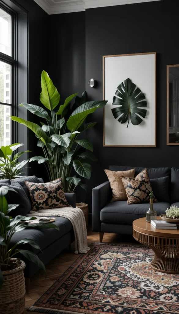 Plants soften black instantly. Large leafy greens against black walls or furniture add life and movement. The contrast makes both the greenery and the black stand out more. This is one of the easiest ways to keep a dark palette feeling fresh. It works especially well in bright rooms.