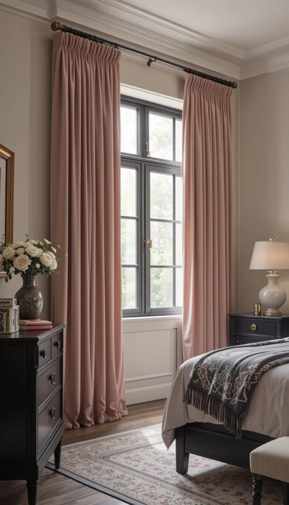 Blush curtains can feel surprisingly sophisticated when the tone is muted and dusty. In an elegant bedroom, they work best when balanced with neutral walls, dark wood furniture, or black accents. The softness of the color adds warmth and romance without leaning overly feminine. Velvet or heavier fabrics elevate the look and prevent the blush from feeling light or flimsy. This is a great way to add color while maintaining a refined atmosphere.