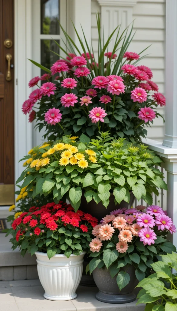 Combining leafy greens with blooming plants creates balance. Greenery provides structure while flowers add color, preventing the porch from looking too busy. This approach also lasts longer as blooms come and go. It’s a strategy used by professional landscapers for a reason. Real-life porches benefit from contrast, not just color.