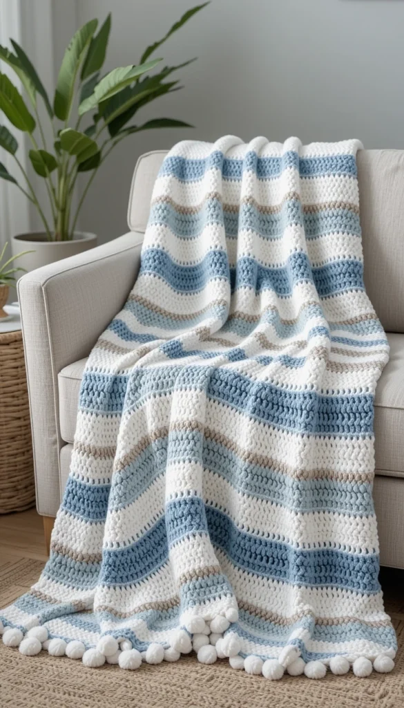 Inspired by the sea, coastal striped blankets often use blues, whites, and sandy neutrals. The stripes feel fresh and breezy, perfect for beach houses or light-filled rooms. This style pairs well with linen sofas and natural textures. It’s a favorite for summer months when you want something light but still cozy. The blanket often becomes a staple for relaxed evenings.
