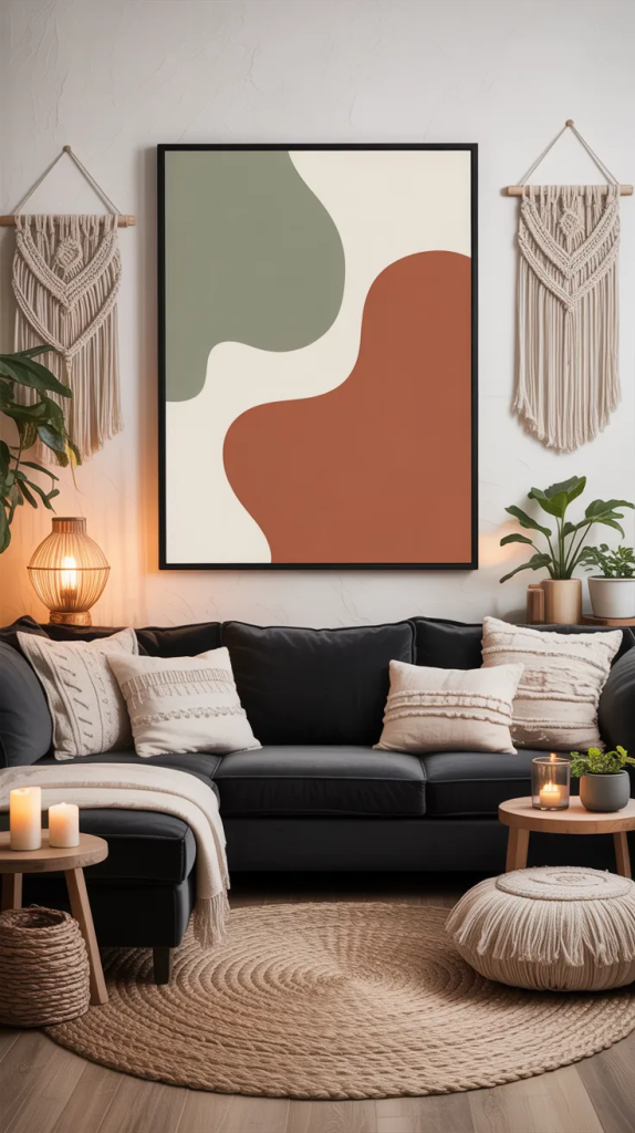 Large black-framed art adds structure to boho spaces. Choose pieces with organic shapes or muted tones to keep the look soft. One strong artwork often works better than many small ones. It gives the eye a place to rest. Simple, but effective.
