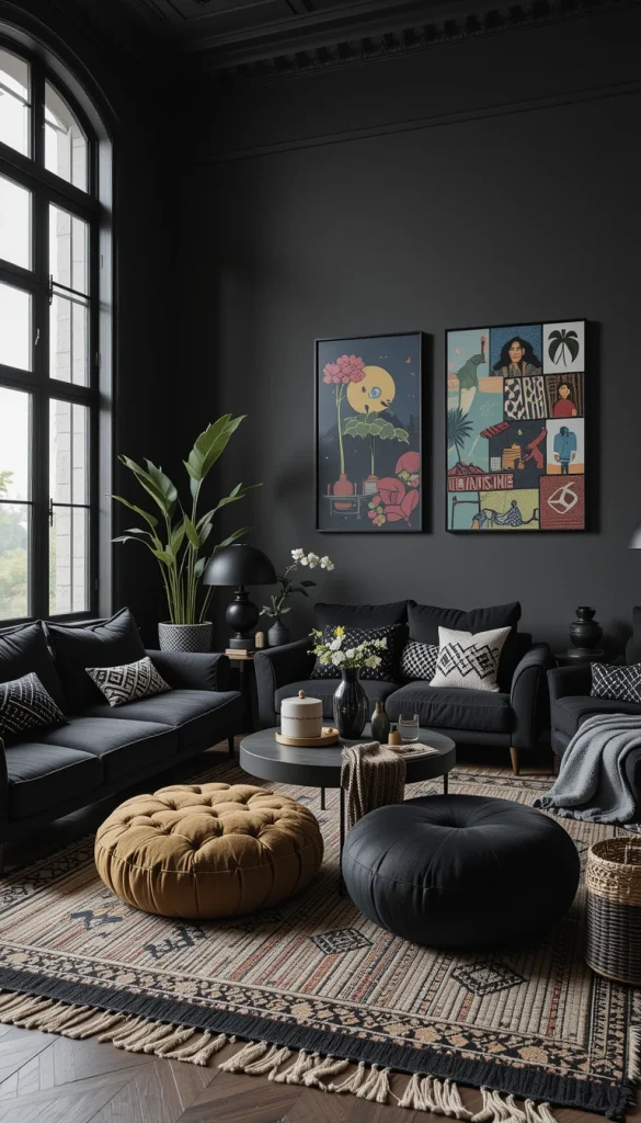 Low seating keeps black spaces relaxed rather than formal. Floor cushions, poufs, or low sofas work beautifully here. This layout encourages lounging and conversation. The black elements ground the space while the seating keeps it casual. It feels welcoming, not stiff.