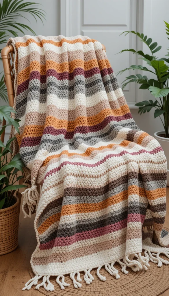 Boho striped blankets mix warm tones, unexpected color pairings, and sometimes subtle texture changes. The stripes may vary slightly in width, giving the blanket a relaxed, lived-in feel. This style pairs beautifully with layered textiles and plants. It’s perfect for creative spaces or casual living rooms. The blanket feels personal rather than polished.