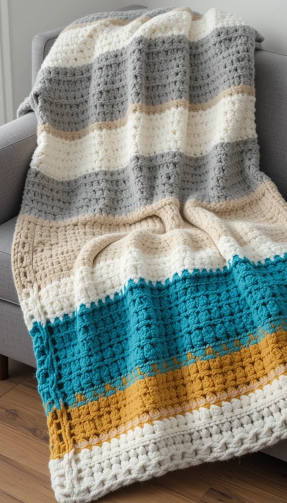 This striped crotchet blanket uses a neutral base with one or two bold color pops. Think cream and gray with a surprise stripe of teal or mustard. The contrast adds personality without overwhelming the design. It’s a great option if you want something playful but still grown-up. In real homes, this style often becomes a conversation piece.