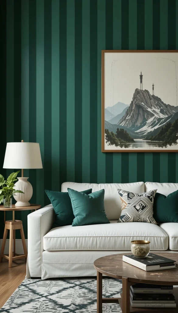 Deep green vertical stripes add richness and depth instantly. Off-white keeps the contrast sharp but livable. This combination works especially well in living rooms with high ceilings. The stripes emphasize height while anchoring the space visually. It feels bold but balanced.