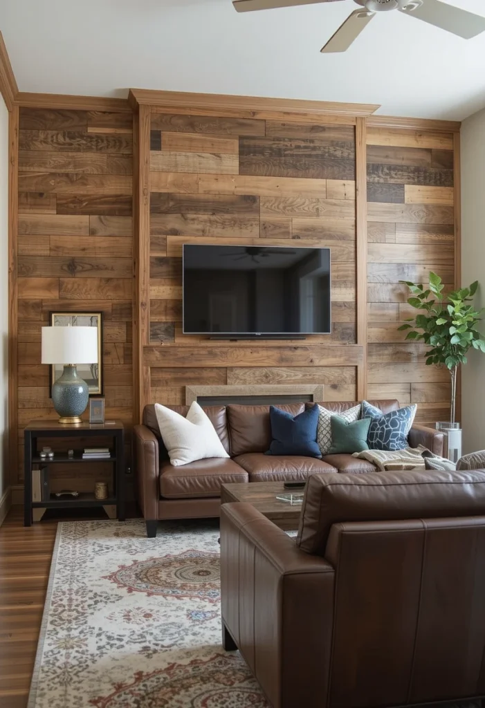 Using reclaimed wood creates a rich, textured focal point full of character. Each plank tells a story through its grain and imperfections. The natural color variation adds warmth and authenticity. This works particularly well in neutral or earthy-toned living rooms. It pairs effortlessly with leather furniture and layered textiles.