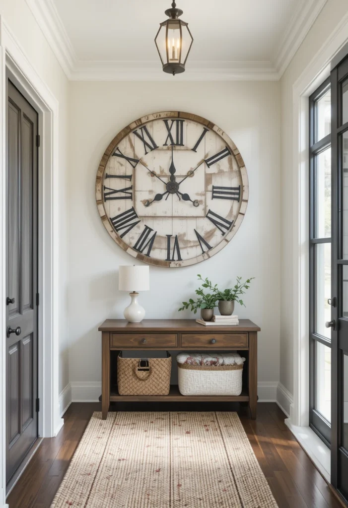 An oversized wall clock makes a bold but practical statement. Choose one with distressed wood or metal accents for authenticity. It fills empty wall space without adding clutter. Large-scale decor works especially well in taller entryways that need visual balance. Statement pieces keep the space simple yet impactful.
