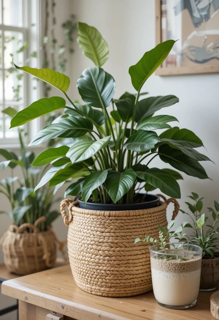 A woven basket can instantly elevate a basic plant pot. Simply place your indoor plant inside the basket to hide plastic containers and add warmth. This works beautifully with fiddle leaf figs, snake plants, or even small olive trees. The natural fibers balance greenery and prevent the room from feeling too cold or modern. It’s an affordable way to make plants look high-end.