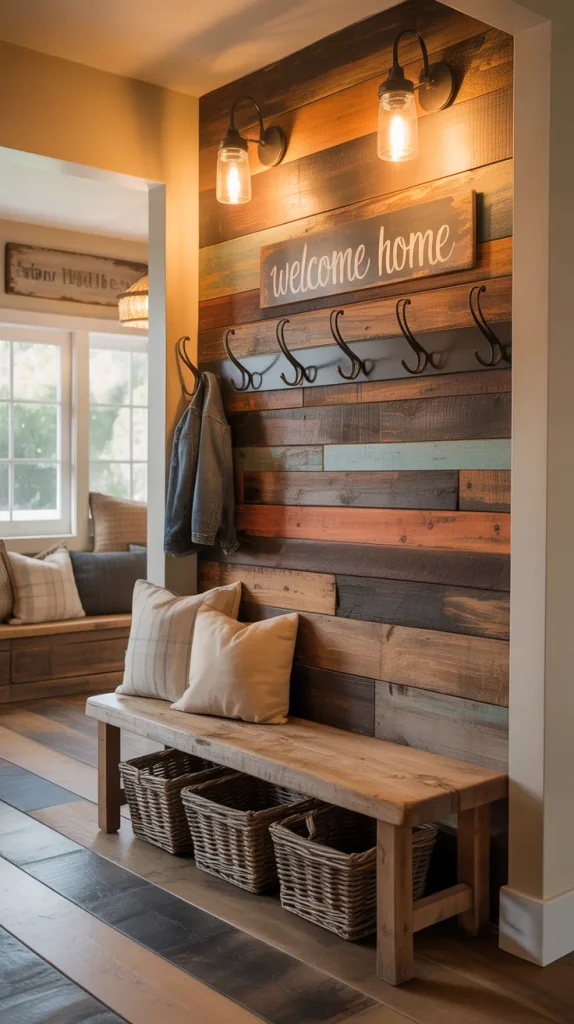 At the top of the list is a reclaimed wood feature wall paired with a bench and sturdy hooks. The wood adds depth, warmth, and authentic texture. Hooks keep everyday items accessible without creating clutter. This combination blends storage, design, and comfort seamlessly. It’s the ultimate farmhouse entryway formula—practical, welcoming, and undeniably charming.