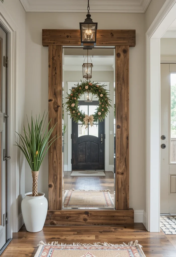 A large mirror reflects light and makes small entryways feel bigger. A reclaimed wood frame keeps the look grounded in farmhouse style. Mirrors are also practical for quick outfit checks before heading out. In smaller homes, this single addition can completely change how open the entry feels. Mirrors are both decorative and highly functional in tight spaces.