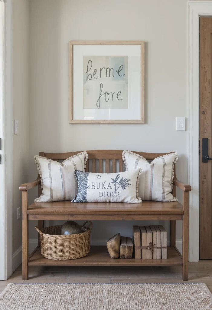 Adding a few neutral throw pillows makes a wooden bench feel inviting rather than stark. Look for linen, ticking stripe, or grain sack patterns. These fabrics nod to farmhouse roots without feeling outdated. It’s a small detail, but it makes the space feel styled rather than thrown together. Comfortable details make the entryway feel like an extension of your living space.