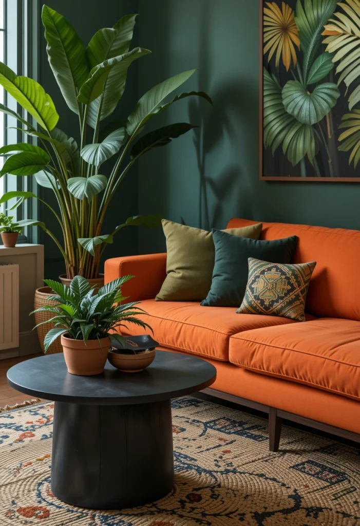 Orange Sofa + Deep Green Accents
This pairing is powerful. Add olive or forest green pillows and a large leafy plant. Incorporate dark wood or black accents for grounding. Use neutral walls so the colors don’t compete. Keep patterns minimal.
Green and orange are complementary in nature. Think terracotta pots against foliage—it feels balanced and organic.