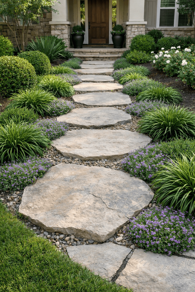 Lay a natural stone or concrete stepping path leading to your front door. Space the stones evenly for comfortable walking. Soften the edges with low-growing plants like liriope or creeping thyme. Keep plants trimmed so the path stays clear. This idea balances structure and softness, which is ideal for Zone 9’s fast-growing plants.