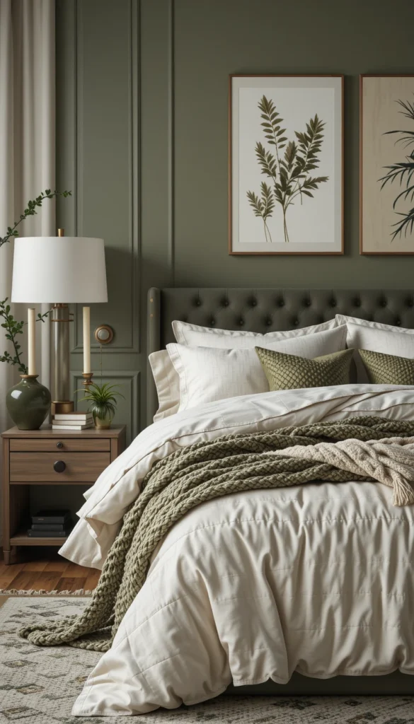 Olive green looks especially refined when layered with cream or ivory bedding. Mixing cotton sheets, a quilted coverlet, and a chunky knit throw prevents the space from feeling flat. Texture is what separates a basic bedroom from a luxury one. In apartments where square footage is limited, layering fabrics adds visual interest without clutter. Soft contrast keeps olive green feeling sophisticated rather than dark.
