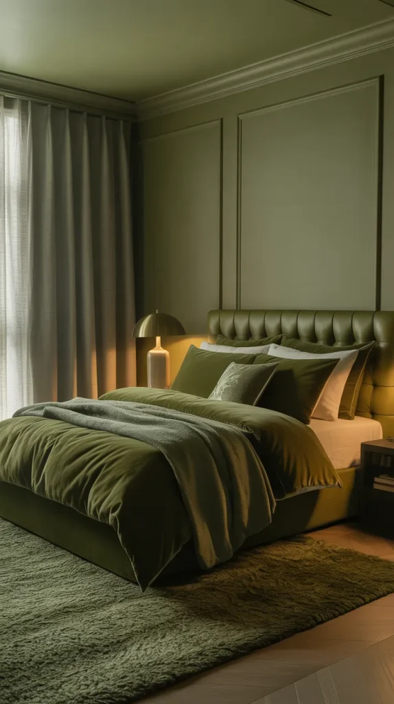 For a bold yet cohesive look, layer different shades of olive throughout the room. Deep olive bedding, muted olive walls, and lighter olive accessories create depth without chaos. The key is variation in tone and texture. This approach feels editorial and very high-end. Monochrome styling works when tones are thoughtfully layered.