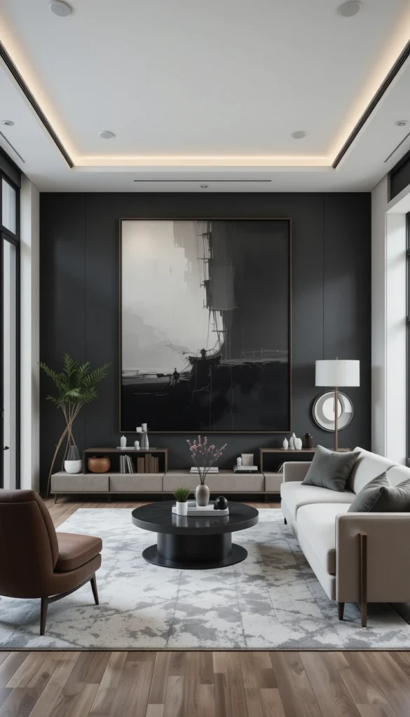 Artwork should enhance the room’s calm energy. Choose large-scale pieces with simple compositions over gallery walls. Neutral tones or subtle contrast work best. This keeps the focus on form and balance. One strong piece often says more than five small ones.