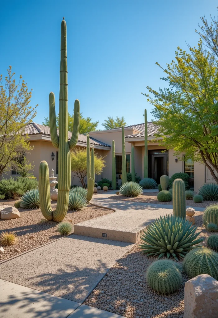Use sand-colored gravel, sculptural cacti, and clean lines. Space plants intentionally to avoid overcrowding. Choose a few bold specimens rather than many small ones. Add metal or stone edging for sharp definition. Desert-inspired landscaping works well in Zone 9 because it’s water-wise and visually striking.