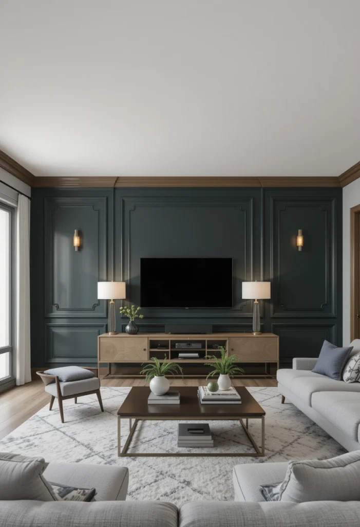 Full wall panel molding transforms a basic wall into a luxury statement feature. The layered trim creates depth that catches natural and artificial light. Dark tones such as charcoal, navy, or forest green elevate the drama. This style works best in living rooms with generous wall space. It instantly increases perceived value and sophistication.