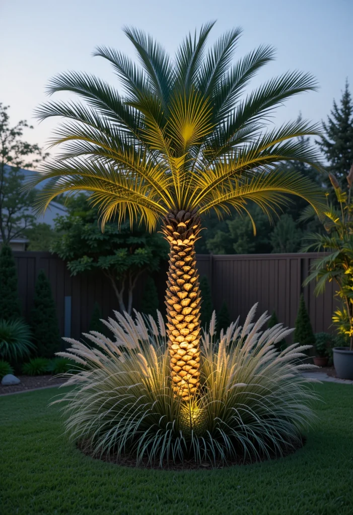 Choose a cold-hardy palm such as a windmill or pygmy date palm as your centerpiece. Plant it slightly off-center for a more natural look. Surround the base with ornamental grasses or low shrubs to soften the trunk. Add landscape lighting aimed upward to highlight the palm at night. Palms thrive in Zone 9 and instantly give your yard a relaxed, resort-style vibe.