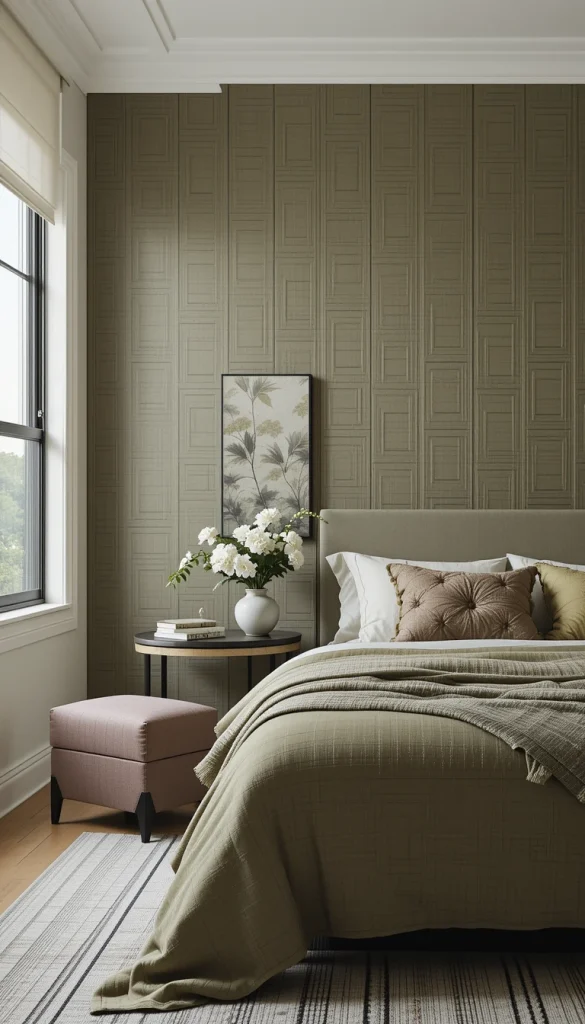 Instead of flat paint, consider textured wallpaper in an olive tone. Subtle patterns — linen-look, grasscloth-inspired, or geometric embossing — create dimension and sophistication. It feels tailored and high-end, especially in modern apartments with simple architecture. The key is choosing a muted olive that complements your flooring. Texture adds depth without overwhelming the space.