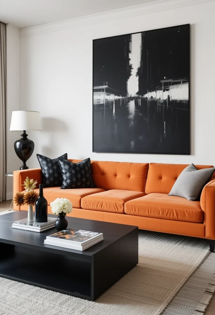 Orange Sofa + Minimalist Black and White
Keep everything else stripped back. Use a black coffee table, white walls, and minimal decor. Add one large-scale abstract art piece that ties black and orange together. Keep accessories limited to avoid visual clutter. Let the sofa carry the personality.
This works because modern design thrives on restraint. The orange becomes a curated statement piece, not part of visual noise.