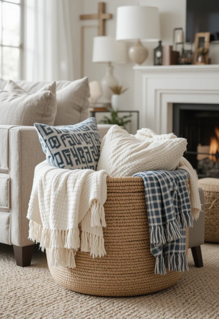 Nothing beats a large woven basket filled with cozy throw blankets. It keeps your living room tidy while making comfort instantly accessible for movie nights. Choose a neutral seagrass or rattan basket for a timeless look that works with almost any color palette. The texture contrasts beautifully against upholstered sofas and sleek coffee tables. Function meets comfort here, and it’s one of the easiest decor upgrades you can make.