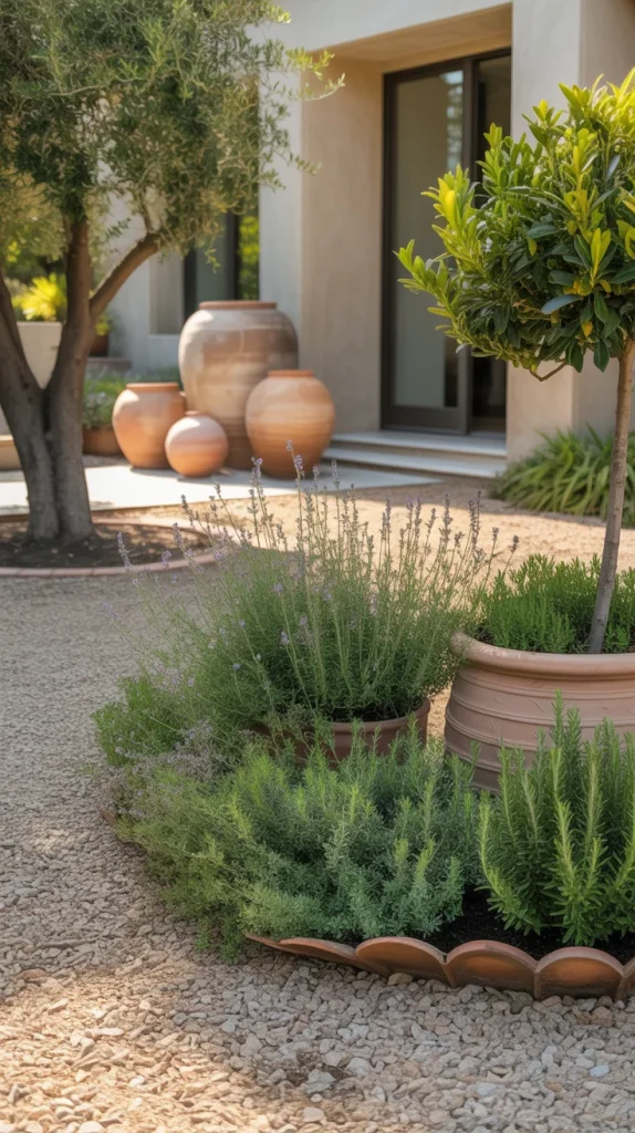 Use gravel, terracotta pots, and drought-tolerant plants like lavender and rosemary. Start with a neutral gravel base to reduce water needs. Add olive trees or dwarf citrus for height. Group pots near the entry for visual warmth. Mediterranean designs work beautifully in Zone 9 because they’re built for sun, heat, and dry spells.