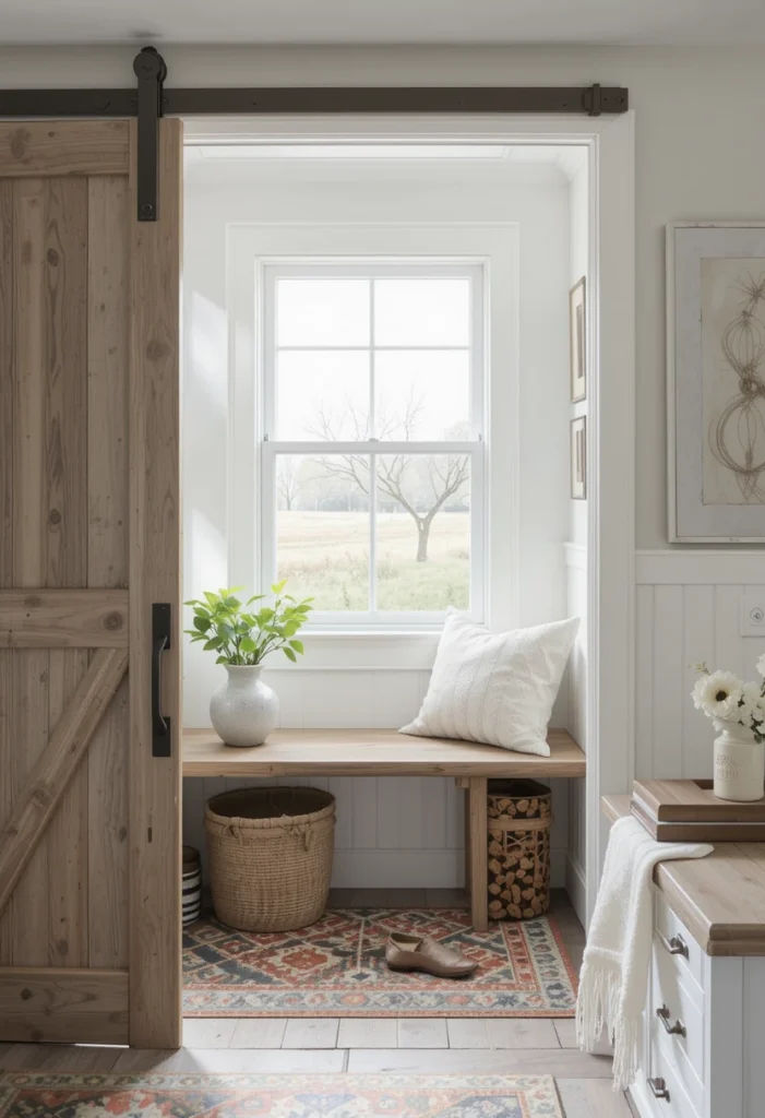 If your entry connects to a mudroom, a sliding barn door adds both style and function. It saves space compared to traditional doors. The rustic hardware becomes a design feature in itself. This is especially helpful in homes where storage areas need to be hidden but accessible. Barn doors combine practicality with unmistakable farmhouse appeal.