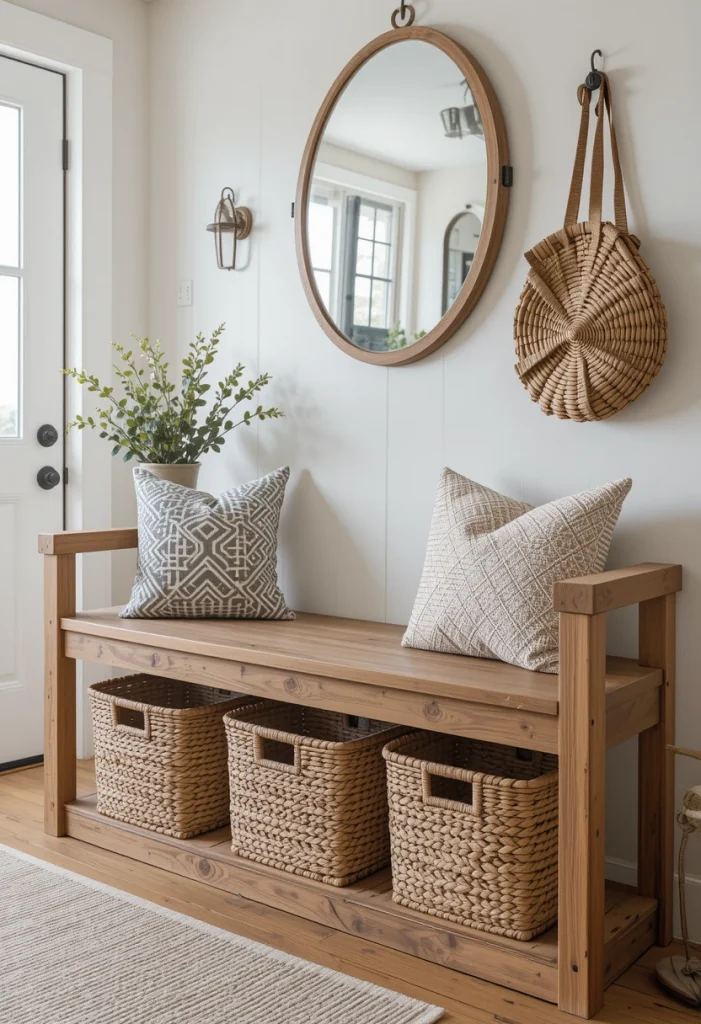 A sturdy wooden bench is a farmhouse classic for a reason. It gives you a practical place to sit while putting on shoes, but it also grounds the entire entry with rustic warmth. Slide woven baskets underneath for hidden storage that still looks intentional. This setup works especially well in busy households where shoes and bags tend to pile up. Natural wood paired with textured baskets creates instant farmhouse charm without overcomplicating the space.