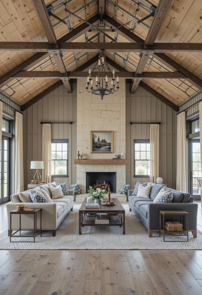 Barndominiums often feature exposed steel beams and metal siding indoors. To avoid an industrial overload, balance those hard surfaces with plush sofas, layered throws, and textured curtains. This contrast softens the environment and improves acoustics at the same time. Think linen, boucle, or chunky knit materials. Contrast is what keeps rustic interiors from feeling harsh.