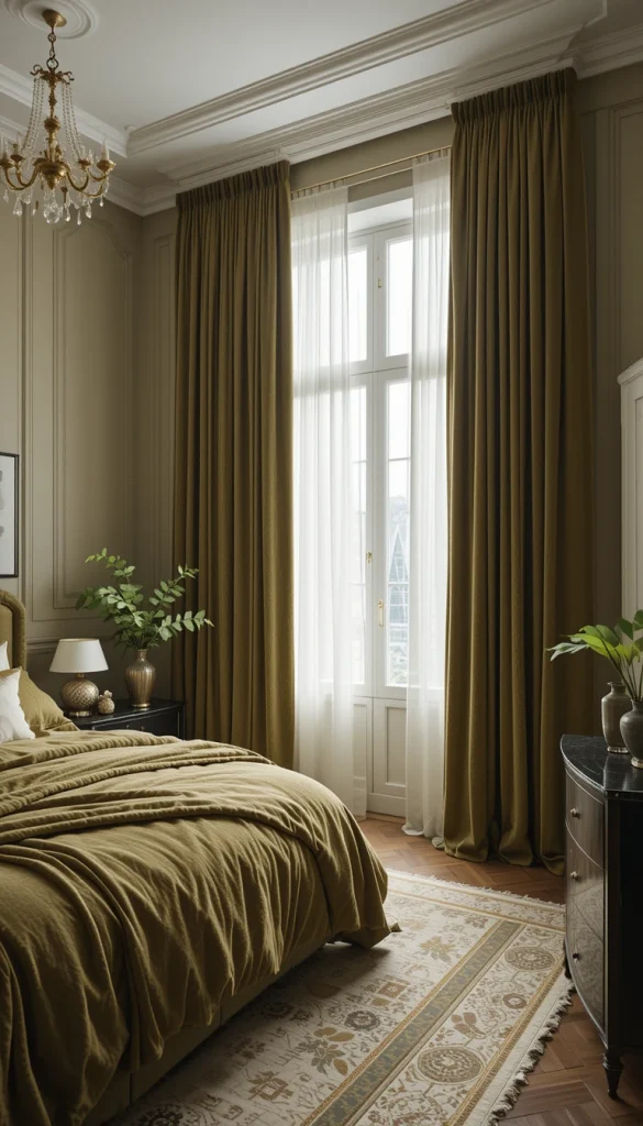 Long, flowing olive green curtains add drama in the most elegant way. In a luxury apartment, height is everything, and full-length drapes visually elongate the walls. Choose velvet or thick linen for a plush, high-end feel. The texture catches light differently throughout the day, giving the room dimension. Floor-to-ceiling drapery makes even standard apartment windows feel grand.