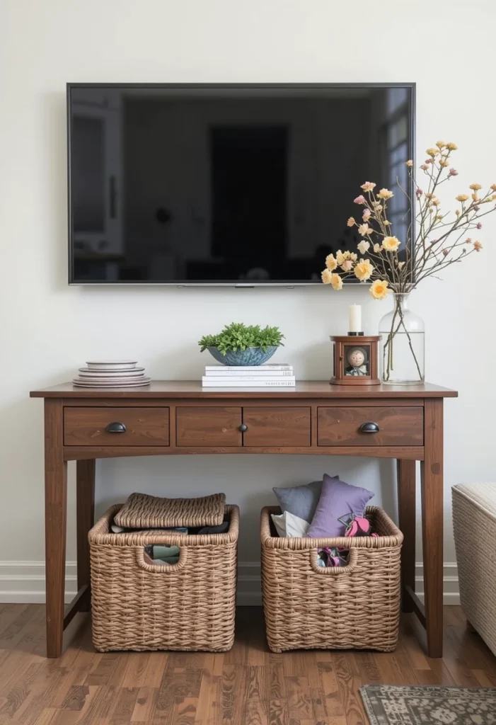 The space under a console table often goes unused. Slide one or two matching baskets underneath to maximize that real estate. This keeps clutter hidden but within reach. It’s particularly helpful in family rooms where remote controls, games, or chargers tend to multiply. Hidden storage keeps surfaces clean and intentional.