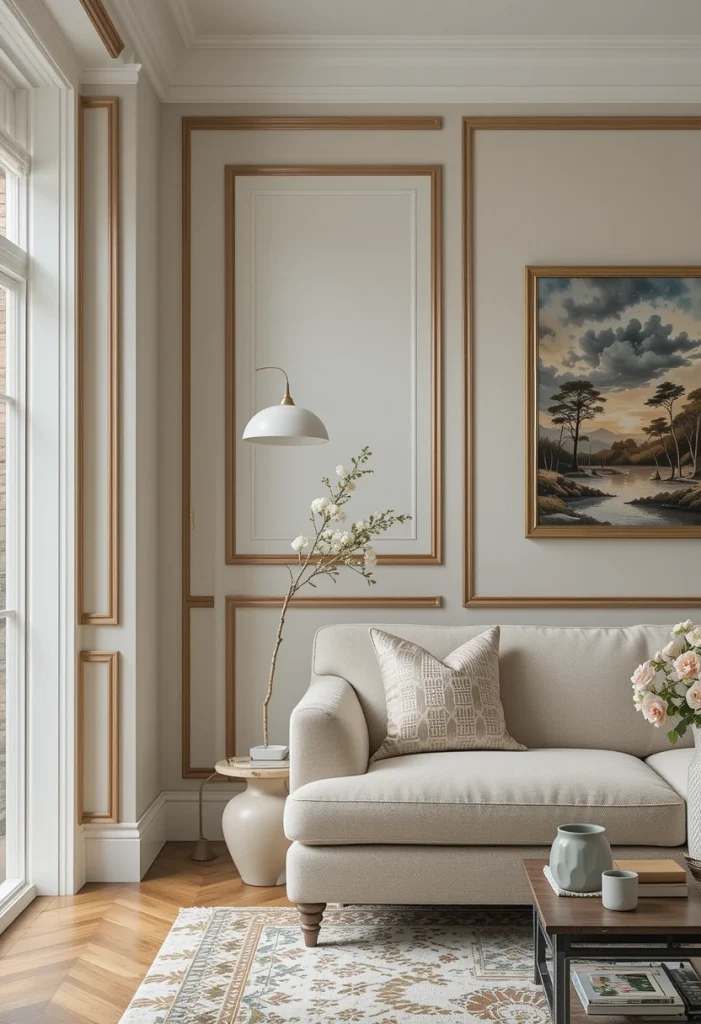 In smaller living rooms, restraint is essential. Using thin trim with simple patterns keeps the wall from overwhelming the space. Light paint colors help reflect natural light. Even minimal trim detailing can add depth without cluttering the room. It proves that subtle design choices can have powerful impact.