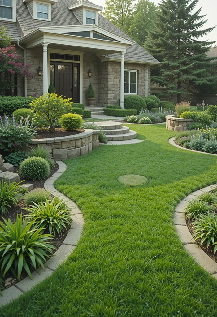 Replace traditional grass with low-water groundcovers like dwarf mondo grass or Asian jasmine. Start by removing existing turf and improving the soil with compost. Install drip irrigation to target roots directly, saving water. Edge the area cleanly with stone or metal borders to keep it polished. This idea is perfect for Zone 9 homeowners who want a green look without weekly mowing.