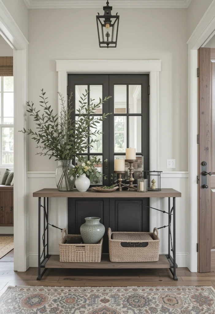 A slim console table topped with greenery instantly freshens the entry. Think eucalyptus stems, olive branches, or a simple potted plant. Farmhouse design balances wood with natural elements beautifully. The greenery softens harder surfaces like wood and metal. A touch of nature keeps farmhouse decor from feeling heavy.