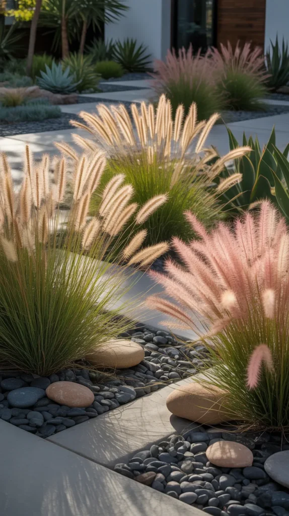 Choose heat-tolerant grasses like fountain grass or muhly grass. Plant them in clusters for movement and texture. Add decorative rocks between groupings for contrast. Grasses handle Zone 9 heat well and don’t require constant watering. The result is a modern, airy front yard that moves beautifully in the breeze.